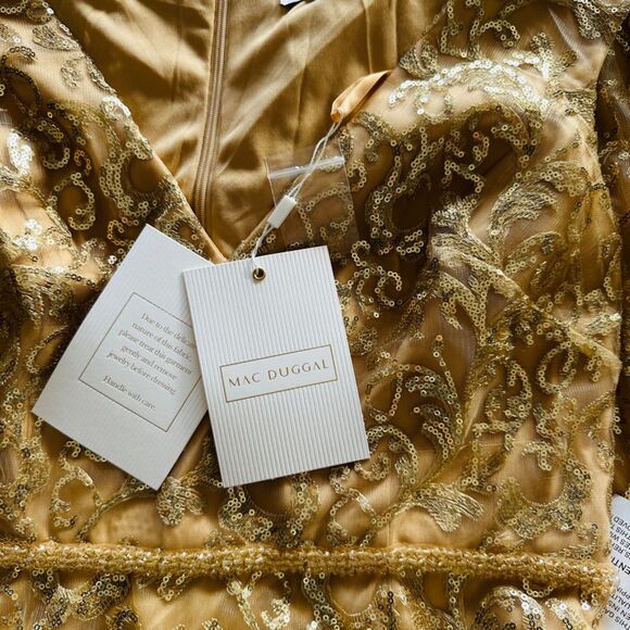 Mac Duggal Gold Sequined V Neck Cap Sleeve Dress Size 14 Midi Dress 68012 New - Picture 2 of 9
